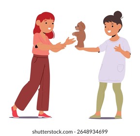 Girl giving teddy bear toy to her female friend sharing positive emotions and feelings isolated on white background. Cute children of preschool age demonstrating good socialization vector illustration