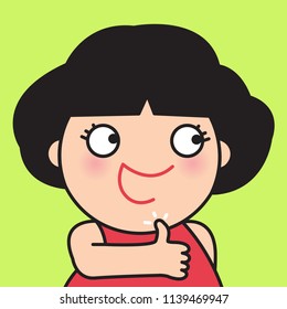 Girl Giving A Thumbs Up For Compliment As Praise, Congratulate, Good and Like To Someone. Concept Card Character illustration