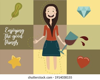 A girl with a glass against cheerful background with cute details