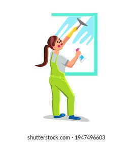 Girl Glass Cleaning With Brush And Sprayer Vector. Young Woman Window Glass Cleaning With Detergent, Hygiene Occupation. Character Housekeeping Or Clean Service Business Flat Cartoon Illustration