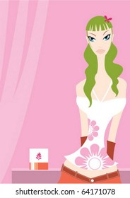 girl with a glass on a pink background with ornament