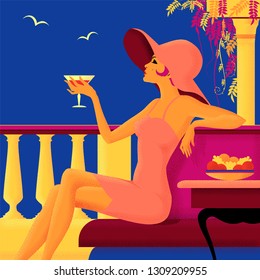 Girl with a glass on vacation. Summer poster. Handmade drawing vector illustration. Art Deco style with grunge effect.