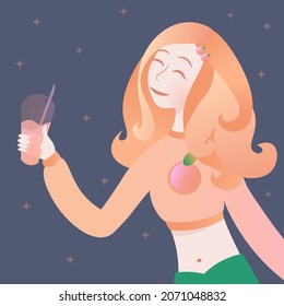 girl with a glass of peach drink in her hand vector illustration