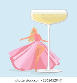 Girl with glass in pink dress. 
