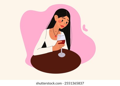 Girl with glass of red wine. Flat vector illustration.