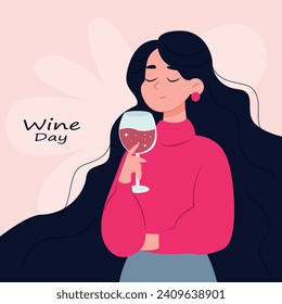 chica con un vaso de vino. Día mundial del vino. bella chica con ilustración de un vector de vidrio