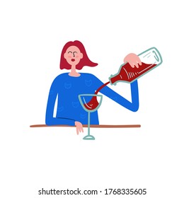 Girl with a glass of wine. Isolated Vector illustration. Funny colored typography poster, apparel print design. Scandinavian nordic design for bar or interior or cover or textile or background.