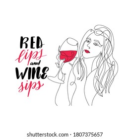 Girl with glass of wine line drawing. Red lips and wine sips. Black continuous line. woman drinking wine from a glass illustration. Vector stock great calligraphy diaries, cards, badges, social media.
