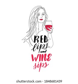 Girl with glass of wine line drawing. Red lips and wine sips. Black continuous line. woman drinking wine from a glass illustration. Vector stock illustration 