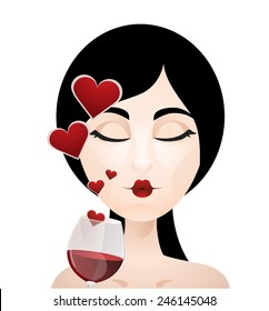 Girl, glass, wine, love, cartoon