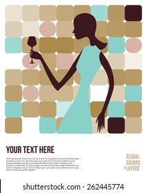 Girl with glass of wine and rounded squares and circles background layout in brown. Vector illustration Eps10 file. Global colors&layers.