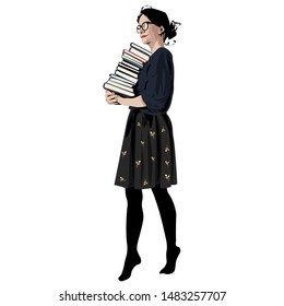 A girl in glassas carrying a pile of books. Ready to study. Vector illustration.