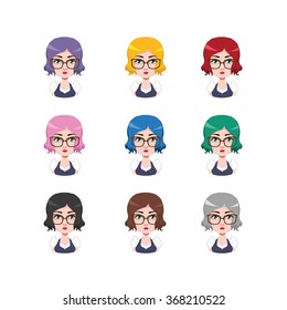 Girl with glasses - 9 different hair colors ( flat colors )