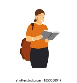 Girl with glasses and backpack holding open book - Young woman character reading - Vector illustration isolated