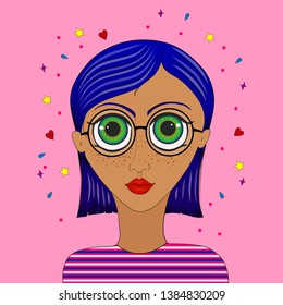 The girl in glasses with big eyes and blue hair. Smart girl with round glasses. Portrait of a girl with vulgaris on her face in a striped sweater.