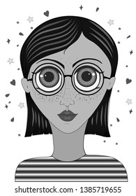 The girl in glasses with big eyes. Smart girl with round glasses. Portrait of a girl with vulgaris on her face in a striped sweater.