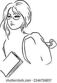 girl, glasses, book, briefcase, hand draw. Black vector illustration art