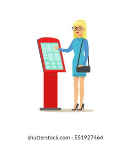Girl In Glasses Buying Cinema Tickets In Touchscreen Automatic Machine, Part Of Happy People In Movie Theatre Series