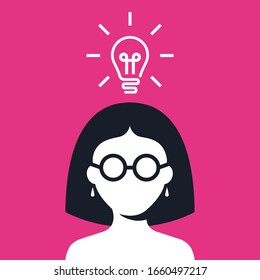 the girl with glasses came up with a brilliant idea. answer to the question. Flat character vector illustration.