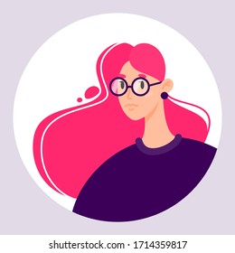 Girl with glasses. Character Round Avatar. Vector illustration on flat style