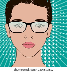 Girl with glasses correcting vision in pop art style. Brown hair with full lips on turquoise abstract background.