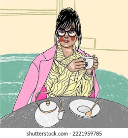 Girl in glasses with a cup of tea in a cafe, illustration with bright geometric background in pop art style