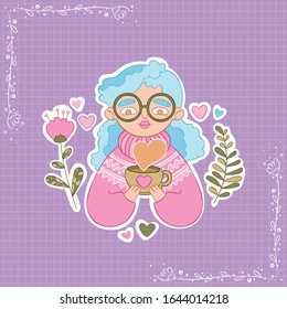 Girl in glasses is drinking hot tea. Flowers and leaves. Hearts. Stickers. Checkered background. Isolated vector objects.