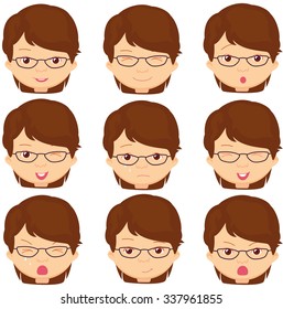 Girl with glasses emotions: joy, surprise, fear, sadness, sorrow, crying, laughing, cunning wink. Vector cartoon illustration