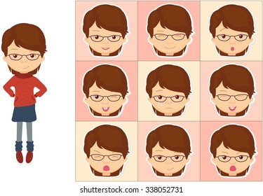 Girl with glasses emotions: joy, surprise, fear, sadness, sorrow, crying, laughing, cunning wink. Vector cartoon illustration