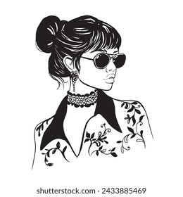 Girl Glasses Fashion Illustration Black Outline Line