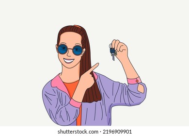 A girl with glasses holds the keys to a new house in her hands. Vector illustration.