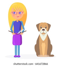 Girl in glasses holds open textbook and beside sitting friend labrador dog on white background vector illustration closeup