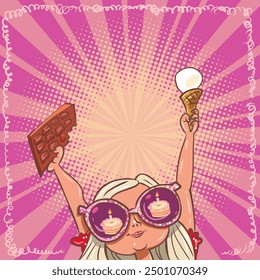 Una chica con gafas sostiene dulces y mira el pastel. Dulces regalos de cumpleaños para la cumpleañera. Compra caramelos, dulces y decoraciones navideñas. Ilustración vectorial retro del arte pop de la historieta del cómic