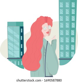 a girl with glasses and a hoodie and a bag is Smoking in the city. houses, skyscrapers, city buildings, glasses-flat illustration, vector illustration