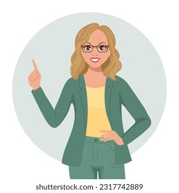 Una chica con gafas y expresión alegre levantó el dedo, una idea, una solución a un problema. Emociones y gestos. Ilustración de estilo plano, vector	
