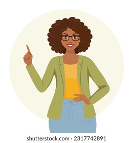 A girl in glasses with a joyful expression raised her finger, an idea, a solution to a problem. Emotions and gestures. Flat style illustration, vector	
