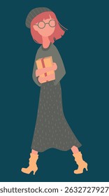Girl with glasses, in a long dress and boots walks with a gift in her hands