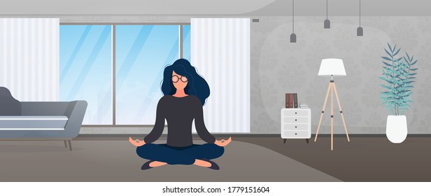Girl with glasses meditates in the office. The concept of relaxation, meditation, yoga and rest from work. Vector.