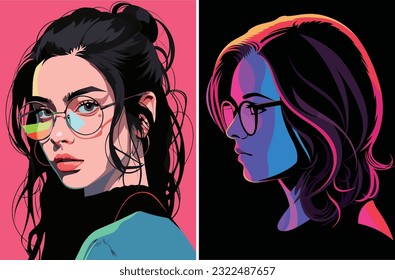 Girl with glasses. Minimalistic vector portraits. Fine Art.