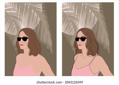 Girl with glasses in pink under a palm tree. Lovely young girl on the background of the beach. Aesthetic vector illustration. A minimalistic card with black outline.