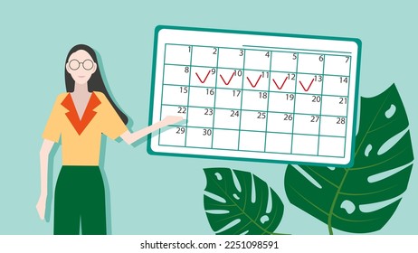 A girl with glasses points to a calendar with ticked days, in green and orange colors with a monster plant decorating the background. Flat vector illustration