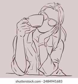 Girl in glasses posing with a cup vector for card, decoration, illustration