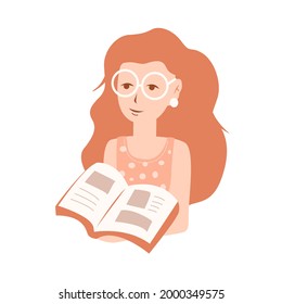 Girl in glasses is reading a book. Monochrome flat vector illustration of a bookworm. Hand-drawn isolated design.