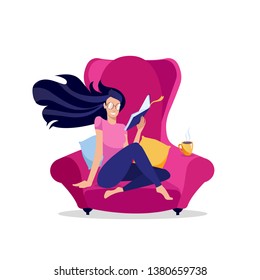 Girl in glasses reading a book in pink armchair with cup of tea. Stylized female character: young woman at home.Intellectual hobby of attractive reader. Isolated flat cartoon vector illustration