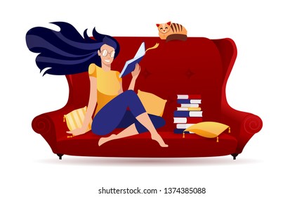 Girl in glasses reading a book in red retro sofa with cat. Stylized character: young woman at home.Reading book in soft couch with stack of paper books.Intellectual hobby with reader.Cartoon vectot