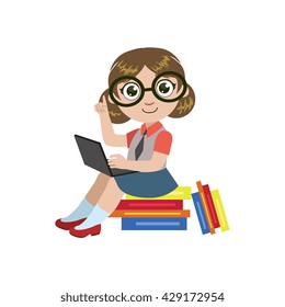 Girl In Glasses Reading Colorful Simple Design Vector Drawing Isolated On White Background