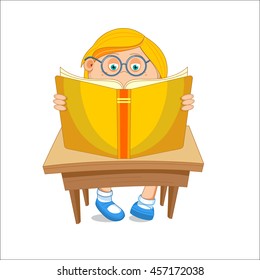Girl with glasses, reading open book, sitting at the table, vector illustration