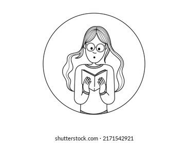 A girl with glasses reads a book enthusiastically. Vector contour drawing.