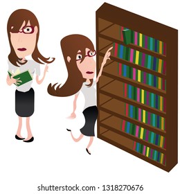 girl with glasses reads a book in an office or library