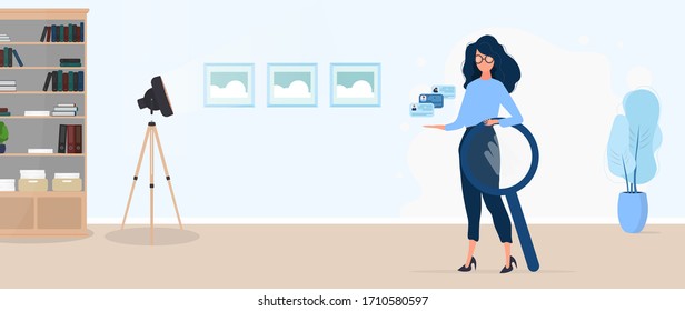 Girl in glasses. Recruitment Specialist. The concept of finding people to work, view vacancies and resumes. Girl, magnifier, office, cabinet with documents, floor lamp with wooden legs. Vector